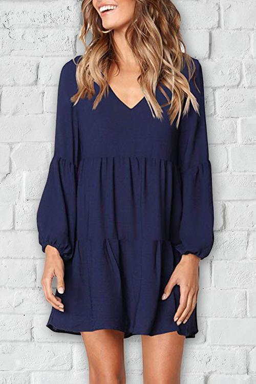 Dunkelblaues A-Linien V-Ausschnitt Kleid - Noor