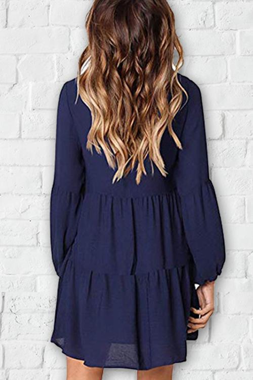 Dunkelblaues A-Linien V-Ausschnitt Kleid - Noor