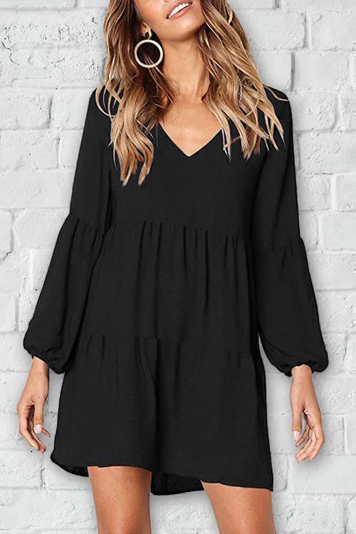 Dunkelblaues A-Linien V-Ausschnitt Kleid - Noor