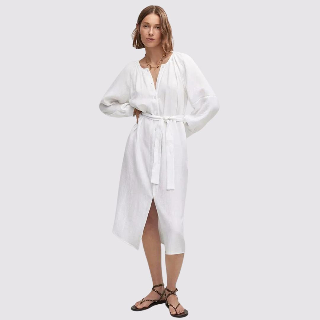 Lotte - Weiße Hemdblusen-Stil Midi-Kleid mit Puffärmeln