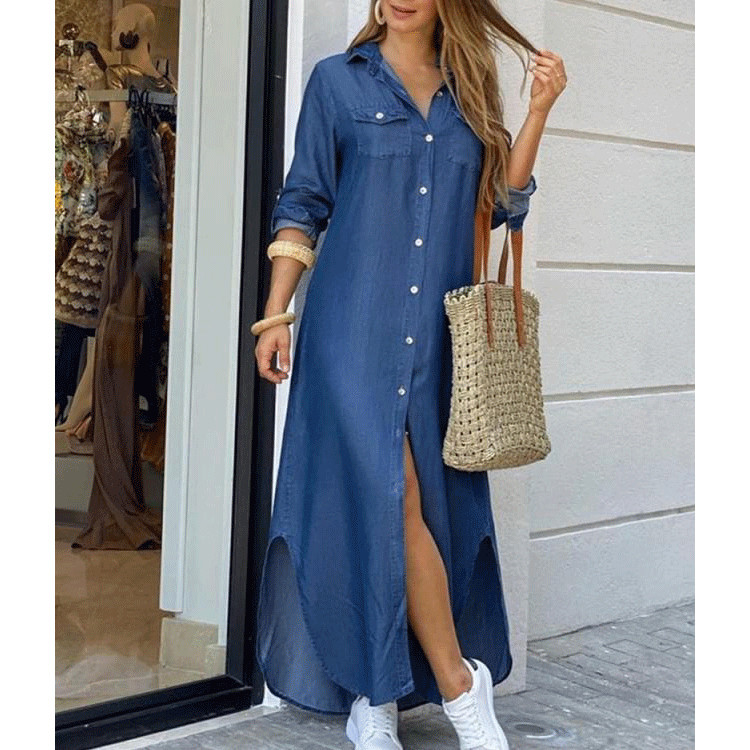 Clara - Lange Denim-Knopfkleid in Blau