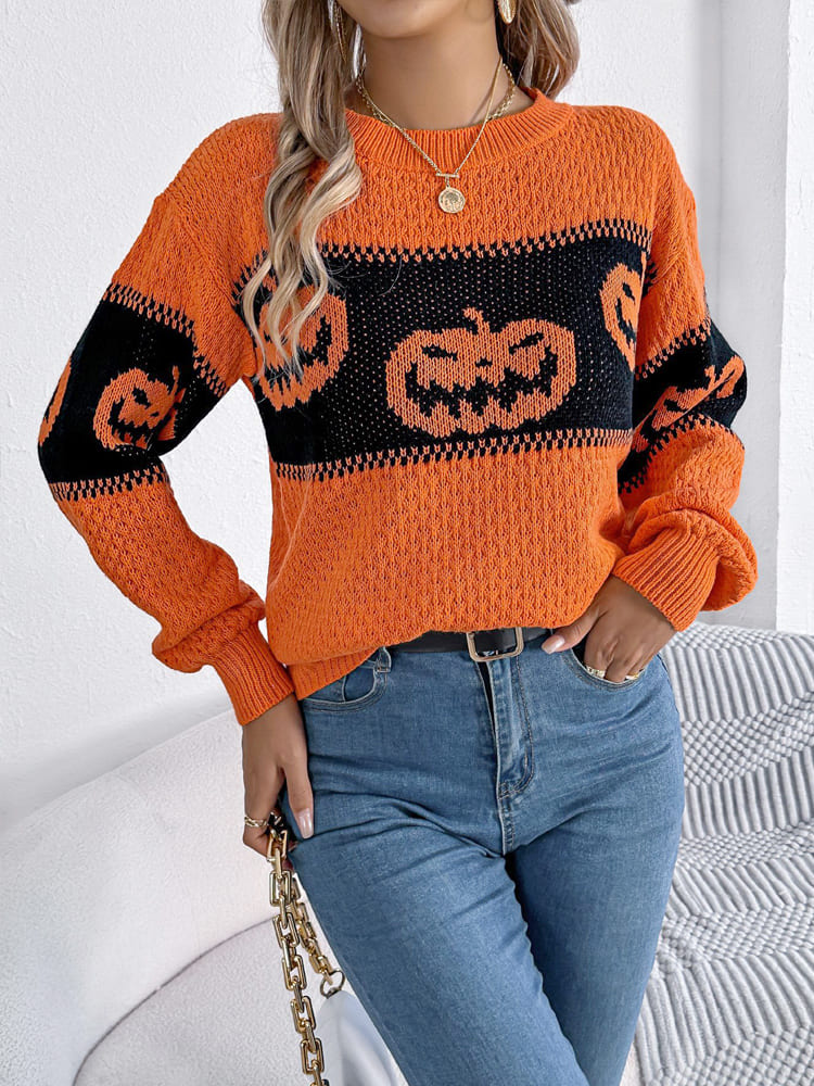 Orangener Color-Block Pullover mit Kürbismotiv – Lea