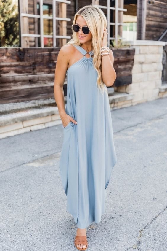 Helles Blaues Strapless Kleid mit Taschen - Jade