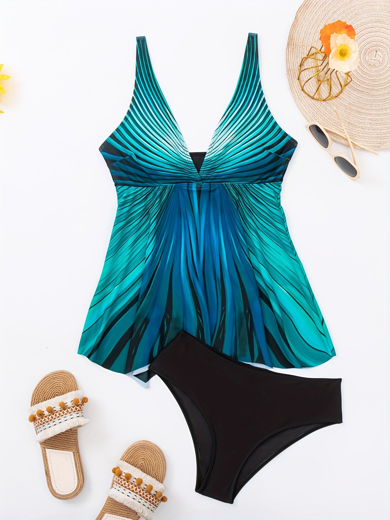 Dunkelcyanfarbenes Tankini-Set mit Streifen - Lisa