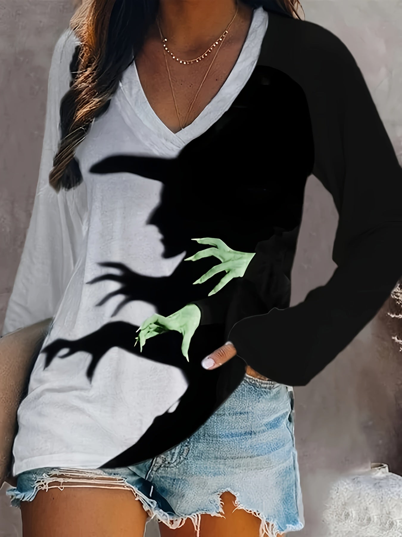 Schwarz-Weiße Farbblock Halloween T-Shirt - Liv