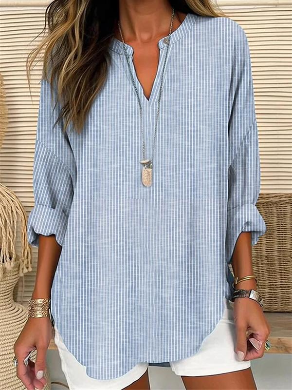 Sienna - Blau Gedrucktes V-Ausschnitt Shirt mit Langen Ärmeln für Damen