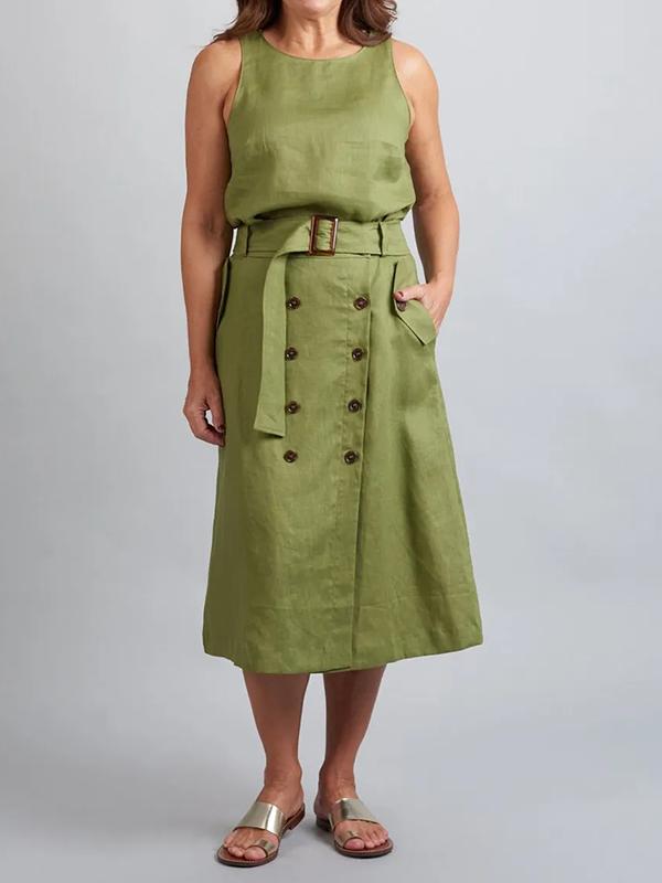 Cora - Grünes ärmelloses Kleid mit Gürtel und Knöpfen