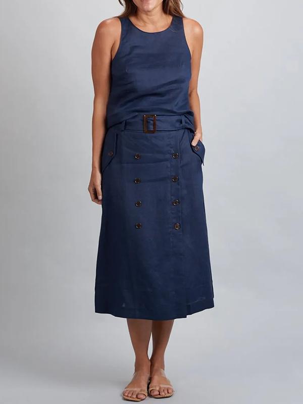 Cora - Grünes ärmelloses Kleid mit Gürtel und Knöpfen