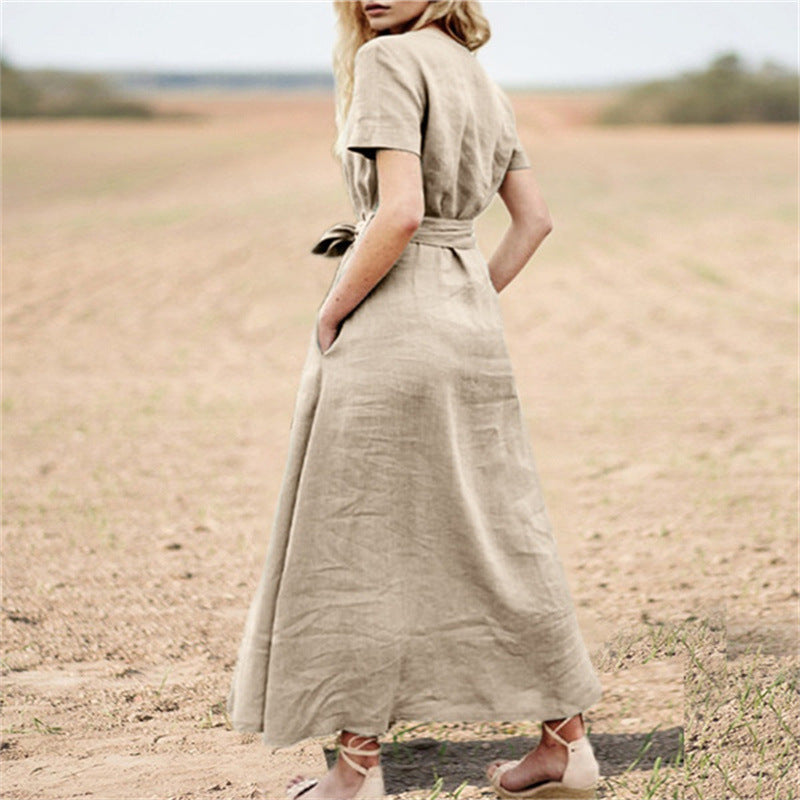 Elegantes Baumwoll-Maxikleid mit V-Ausschnitt & Gürtel