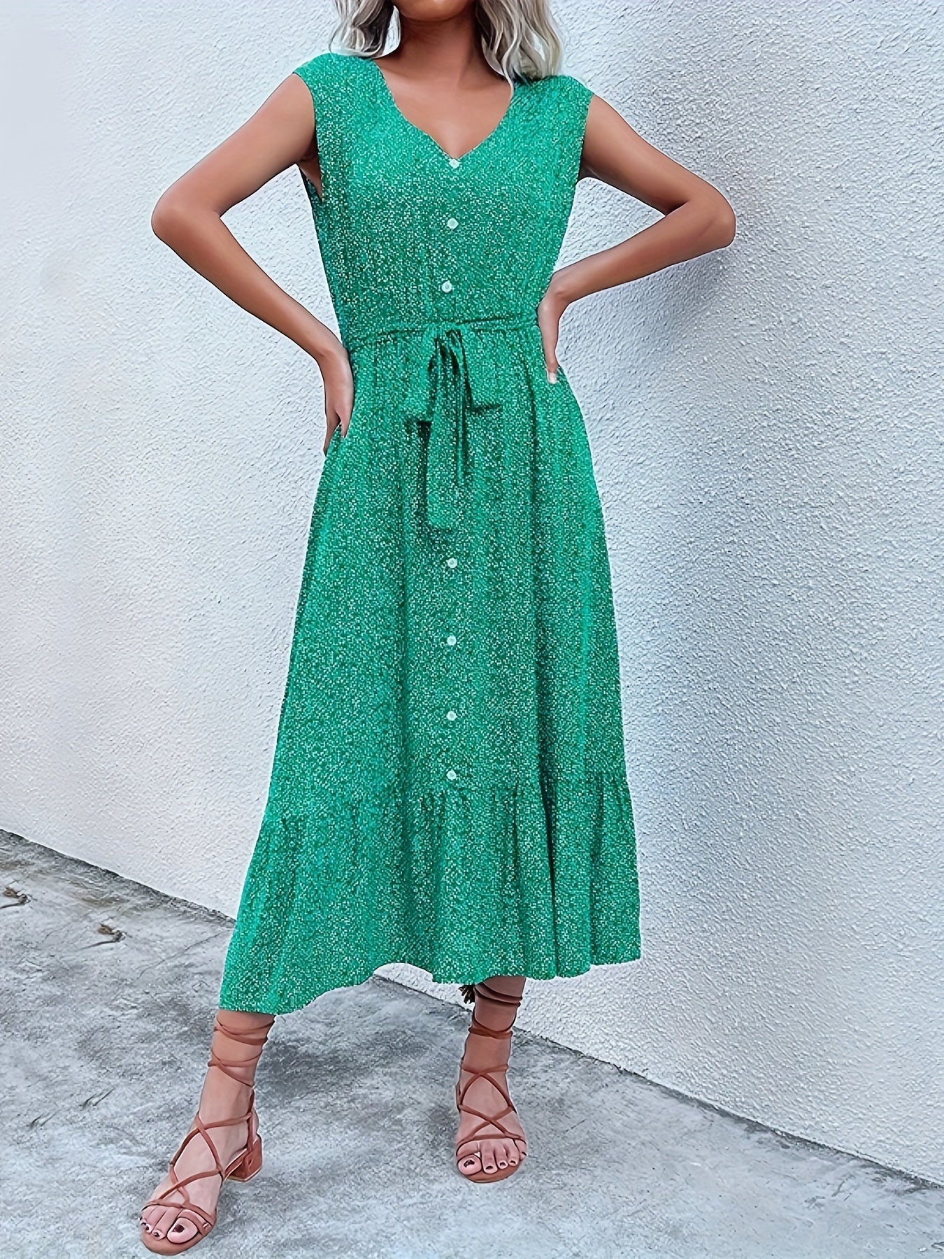 Charmantes Boho-Druck Midi-Kleid ohne Ärmel