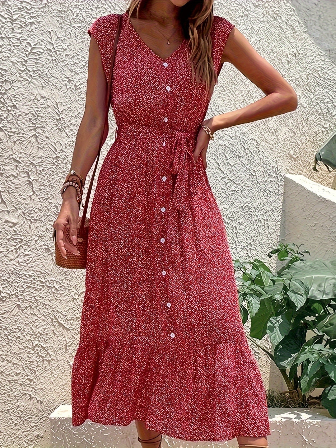 Charmantes Boho-Druck Midi-Kleid ohne Ärmel