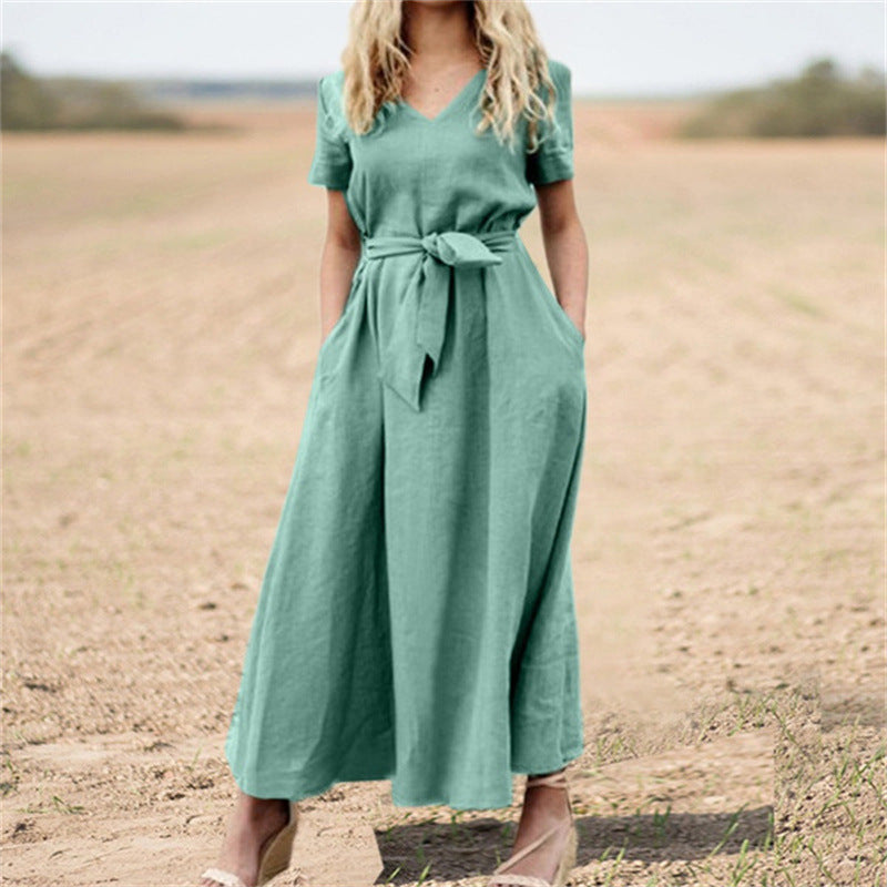 Elegantes Baumwoll-Maxikleid mit V-Ausschnitt & Gürtel
