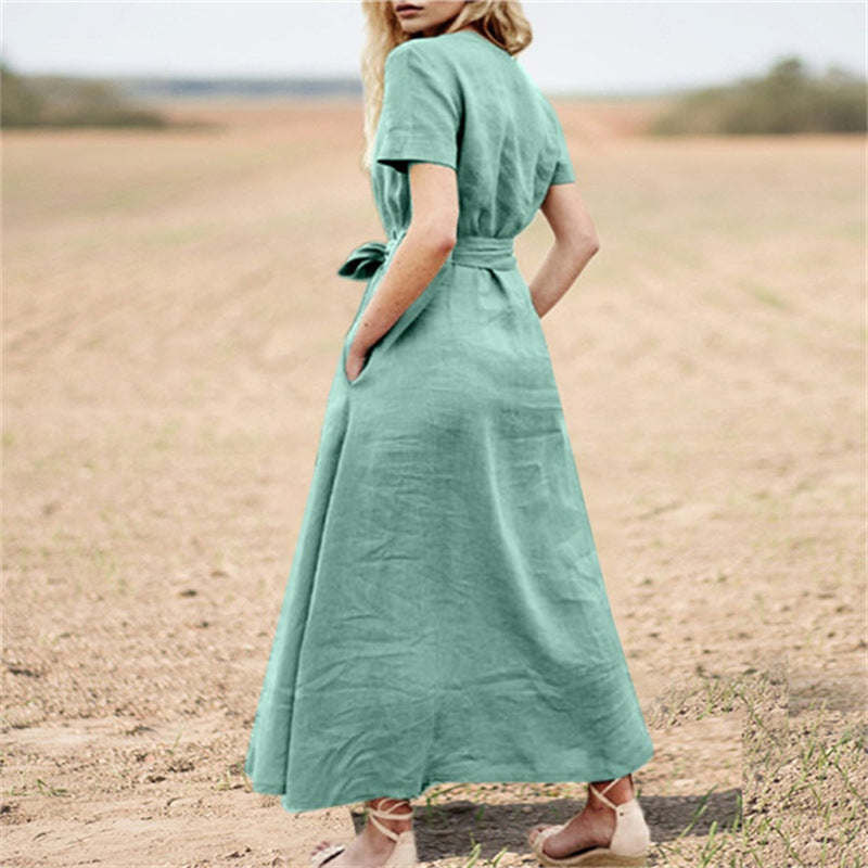 Elegantes Baumwoll-Maxikleid mit V-Ausschnitt & Gürtel