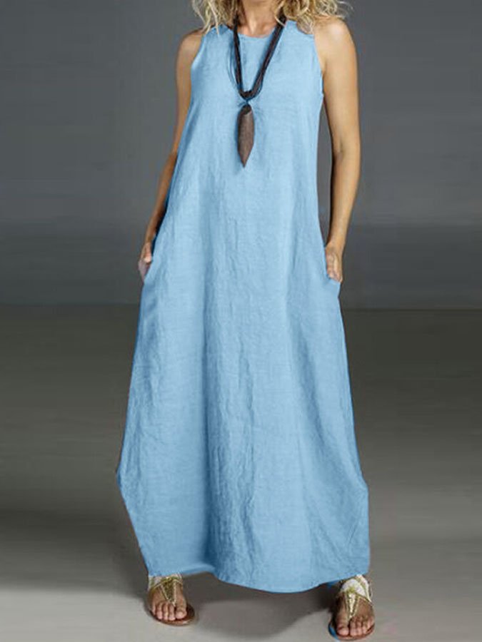 Chice Einfarbige Baumwoll-Leinen-Kleid