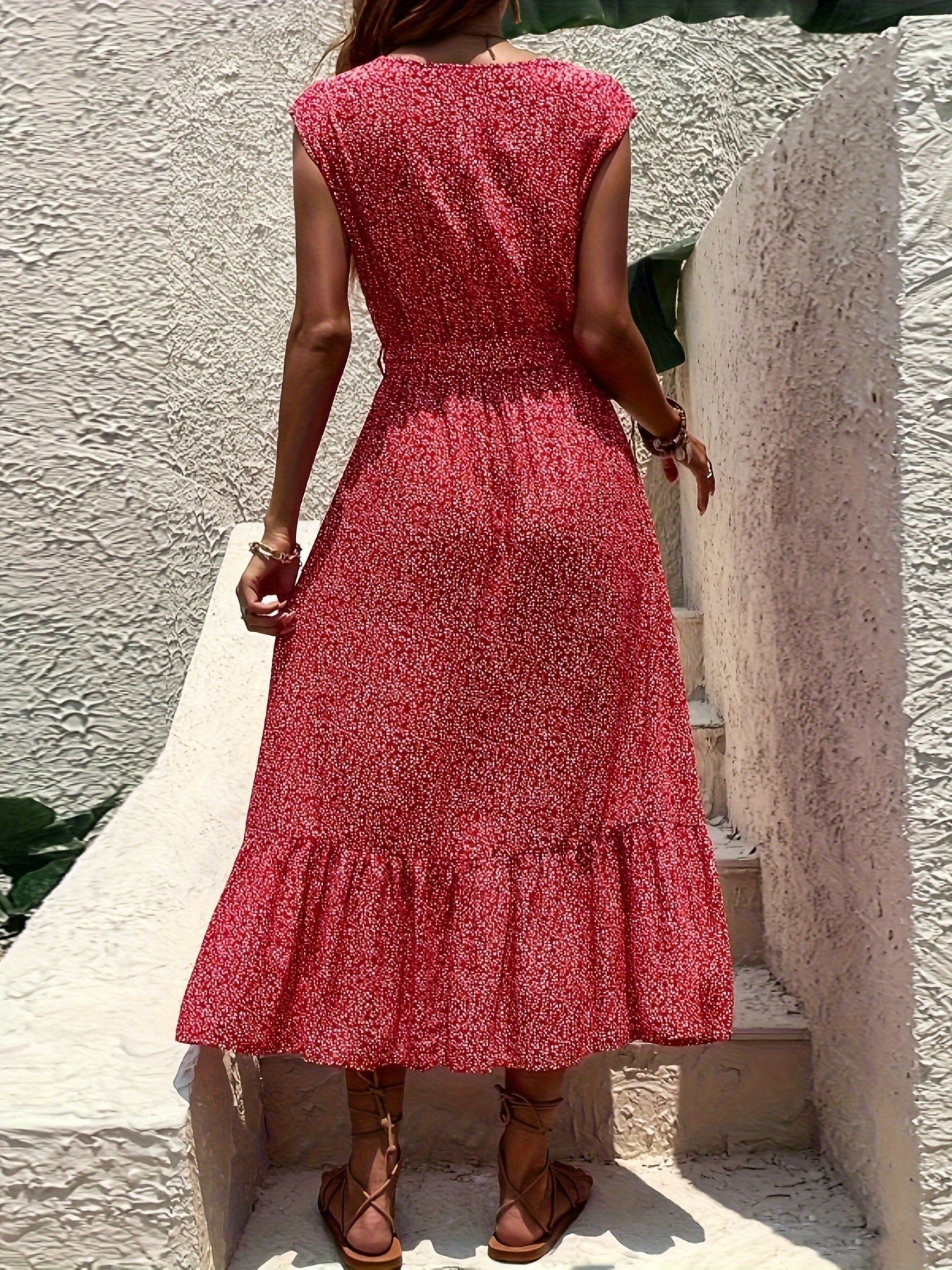 Charmantes Boho-Druck Midi-Kleid ohne Ärmel