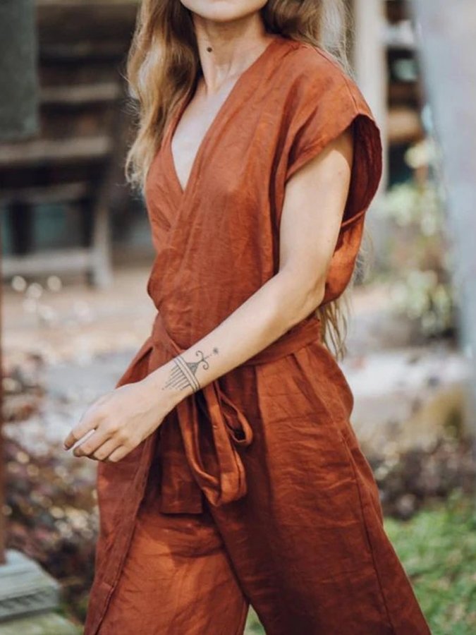 Stilvoller Vintage V-Ausschnitt Jumpsuit mit Kreuzbinde