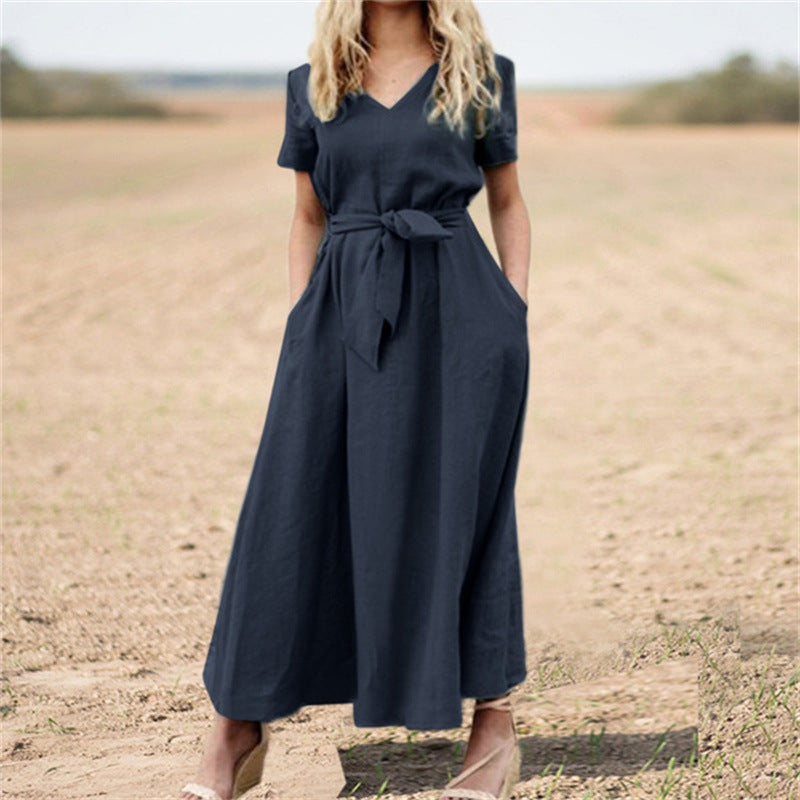 Elegantes Baumwoll-Maxikleid mit V-Ausschnitt & Gürtel