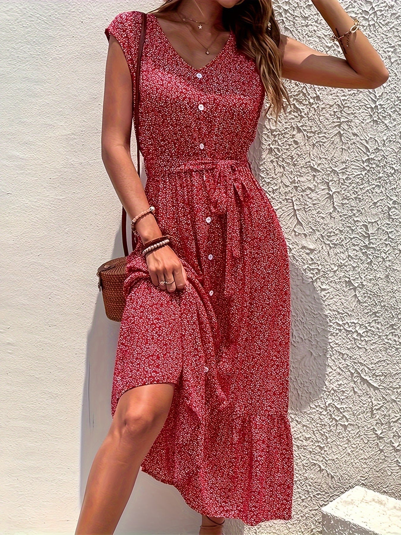 Charmantes Boho-Druck Midi-Kleid ohne Ärmel