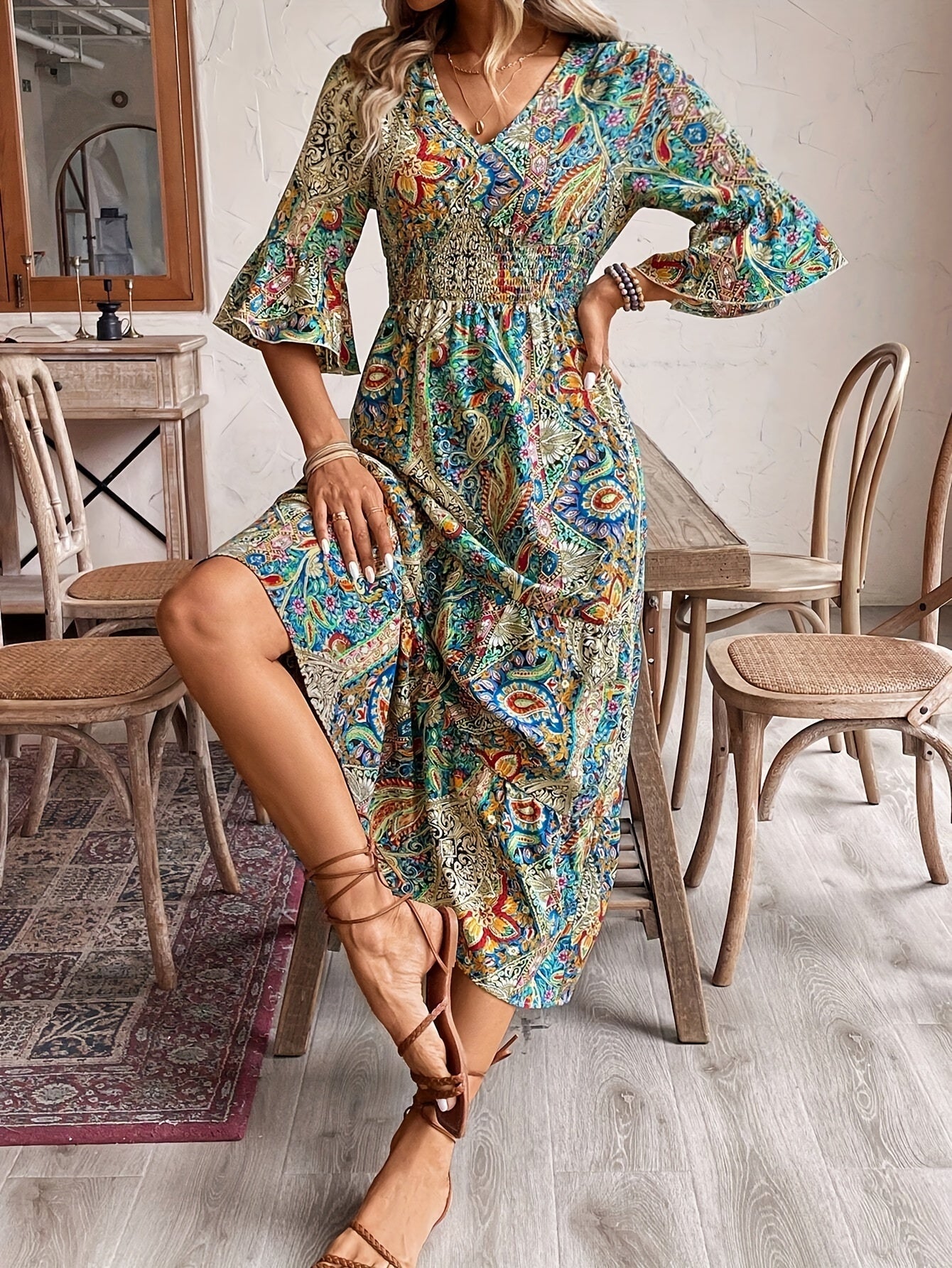 Grüne Paisley V-Ausschnitt-Kleid - Jade