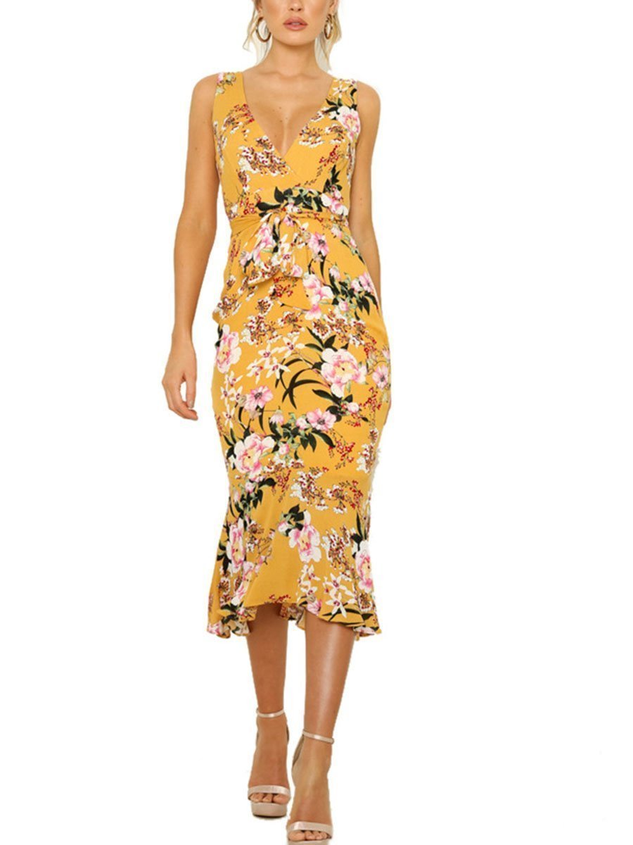 Weißes Blumen V-Ausschnitt Kleid - Lea