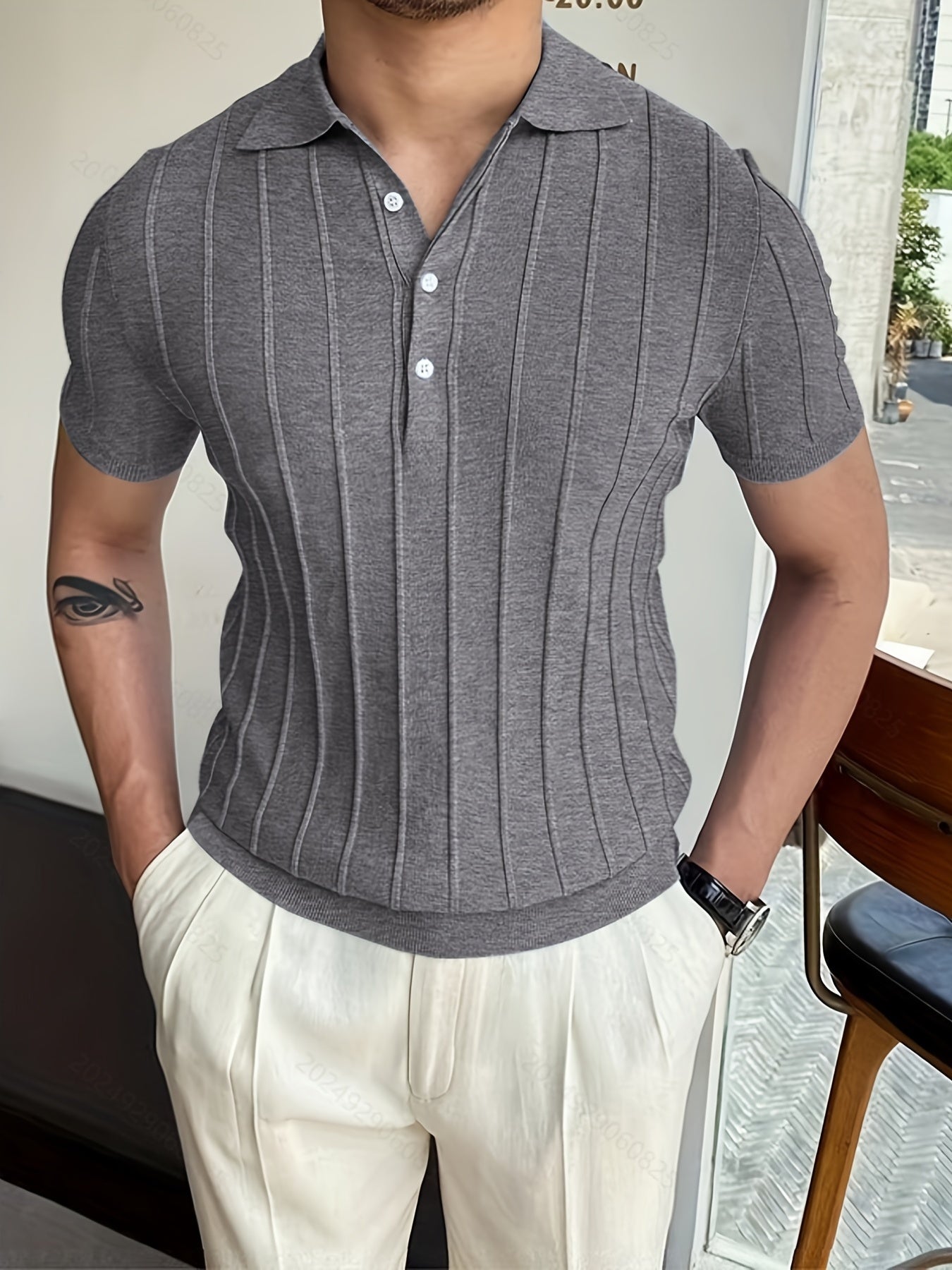 Hellblauer Gestreifter V-Ausschnitt Pullover - Sven