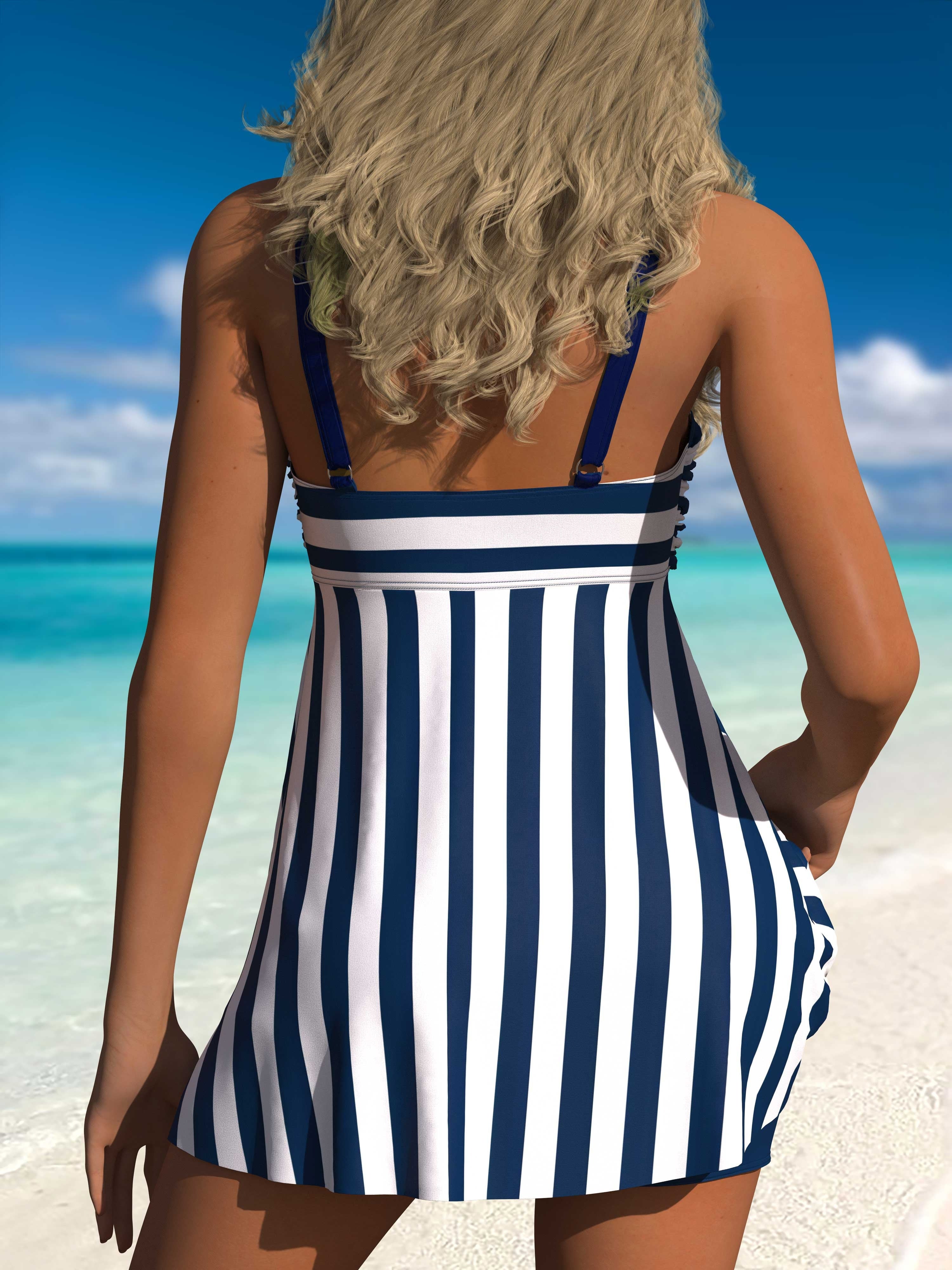 Blaues Gestreiftes Tankini-Set mit Ringdetail - Marie