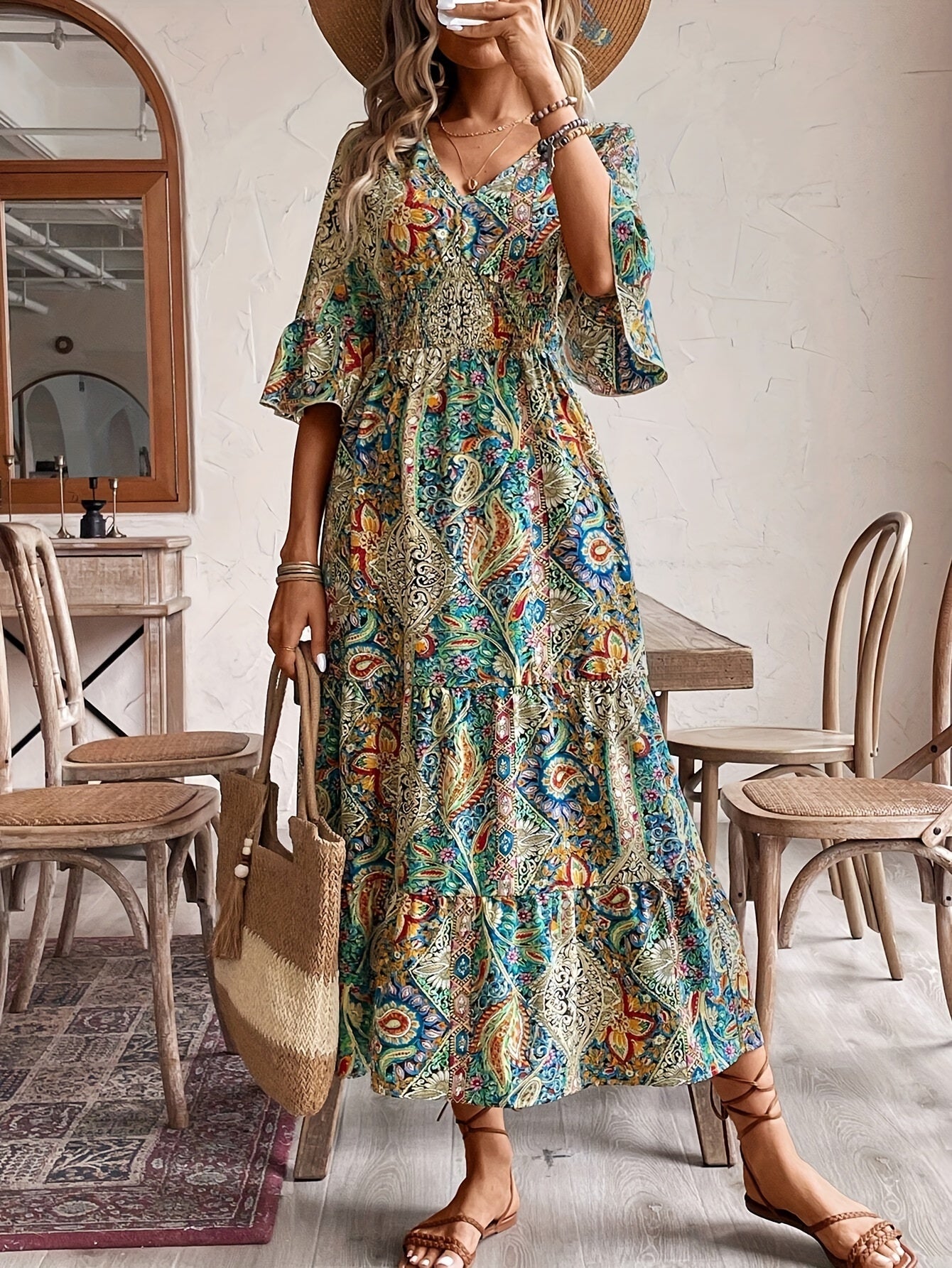 Grüne Paisley V-Ausschnitt-Kleid - Jade