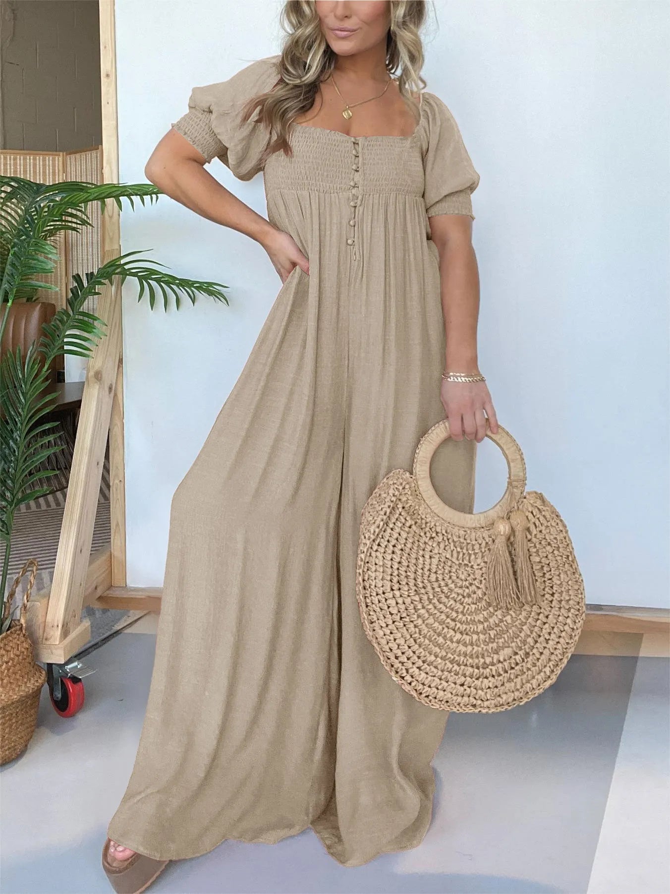 Eloise - Rostfarbener Jumpsuit mit quadratischem Ausschnitt und gerafftem Oberteil