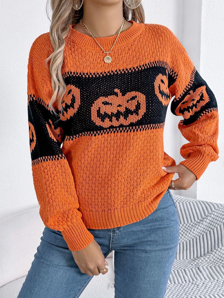 Orangener Color-Block Pullover mit Kürbismotiv – Lea