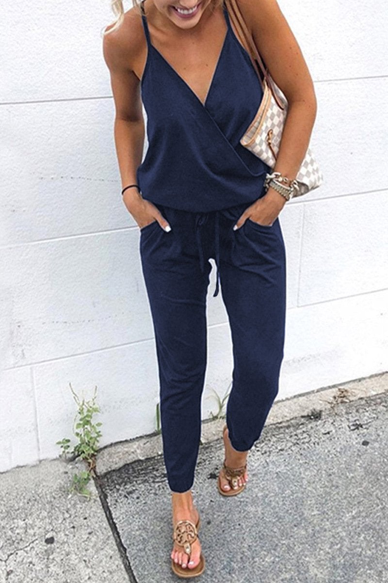 Schwarzer V-Ausschnitt Jumpsuit mit Trägern - Nora