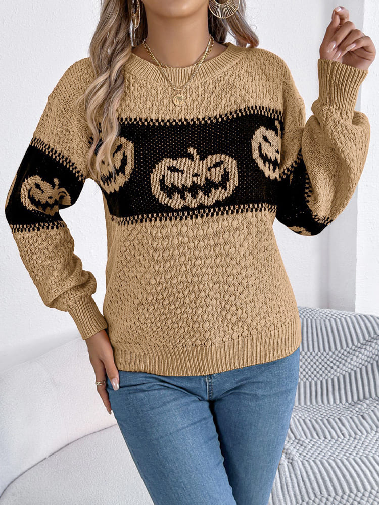 Orangener Color-Block Pullover mit Kürbismotiv – Lea