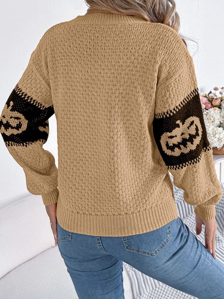 Orangener Color-Block Pullover mit Kürbismotiv – Lea