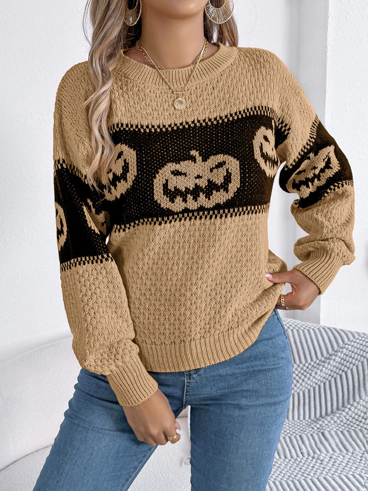 Orangener Color-Block Pullover mit Kürbismotiv – Lea