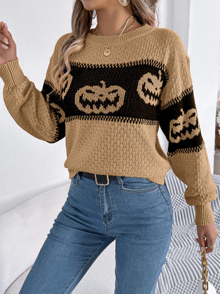 Orangener Color-Block Pullover mit Kürbismotiv – Lea