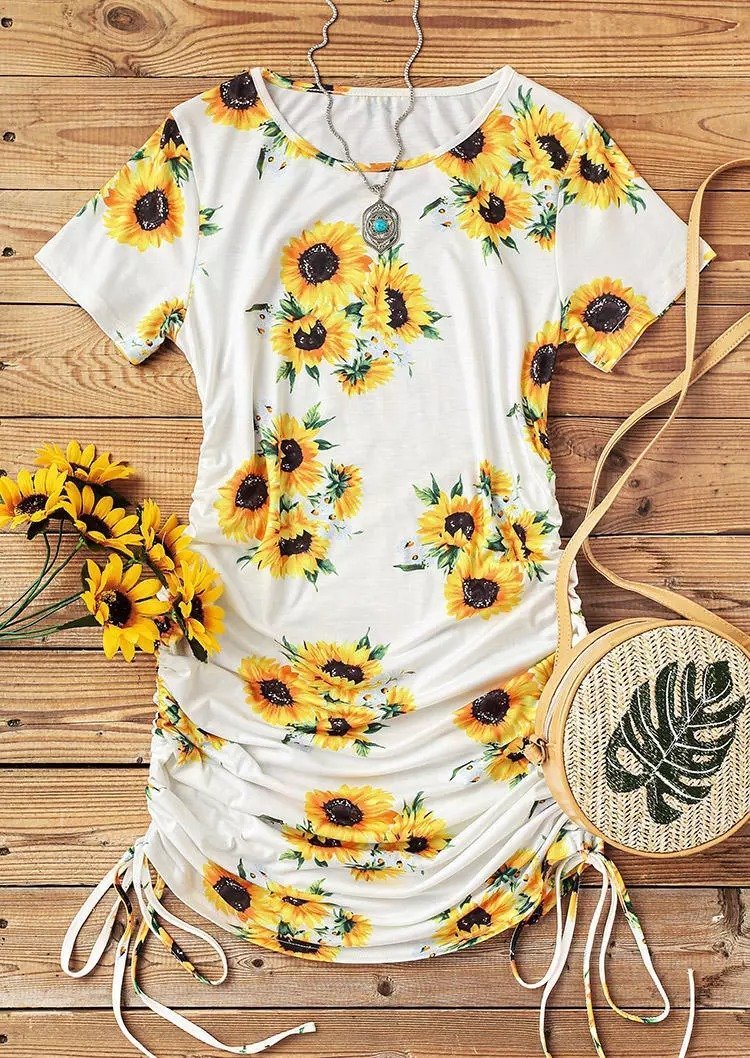 Weißes Sonnenblumen O-Ausschnitt Enges Kleid - Stella