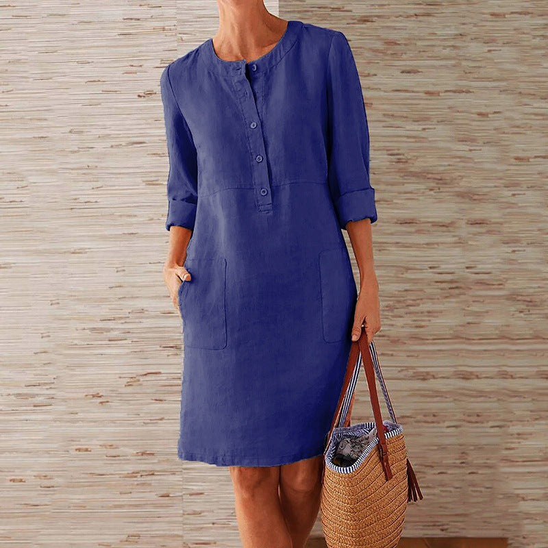 Elegantes Damen Baumwoll-Leinenkleid mit kurzen Ärmeln
