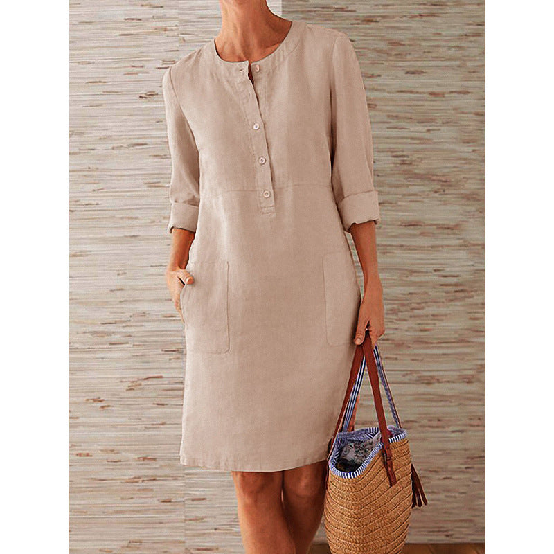 Elegantes Damen Baumwoll-Leinenkleid mit kurzen Ärmeln