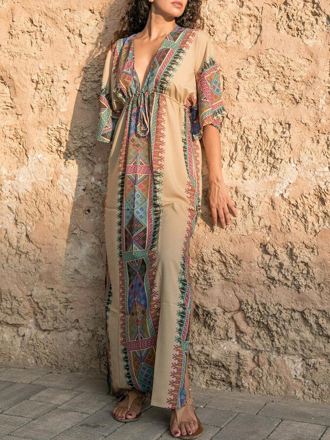 Gelbes Vintage-Kleid mit Schlitz - Elise
