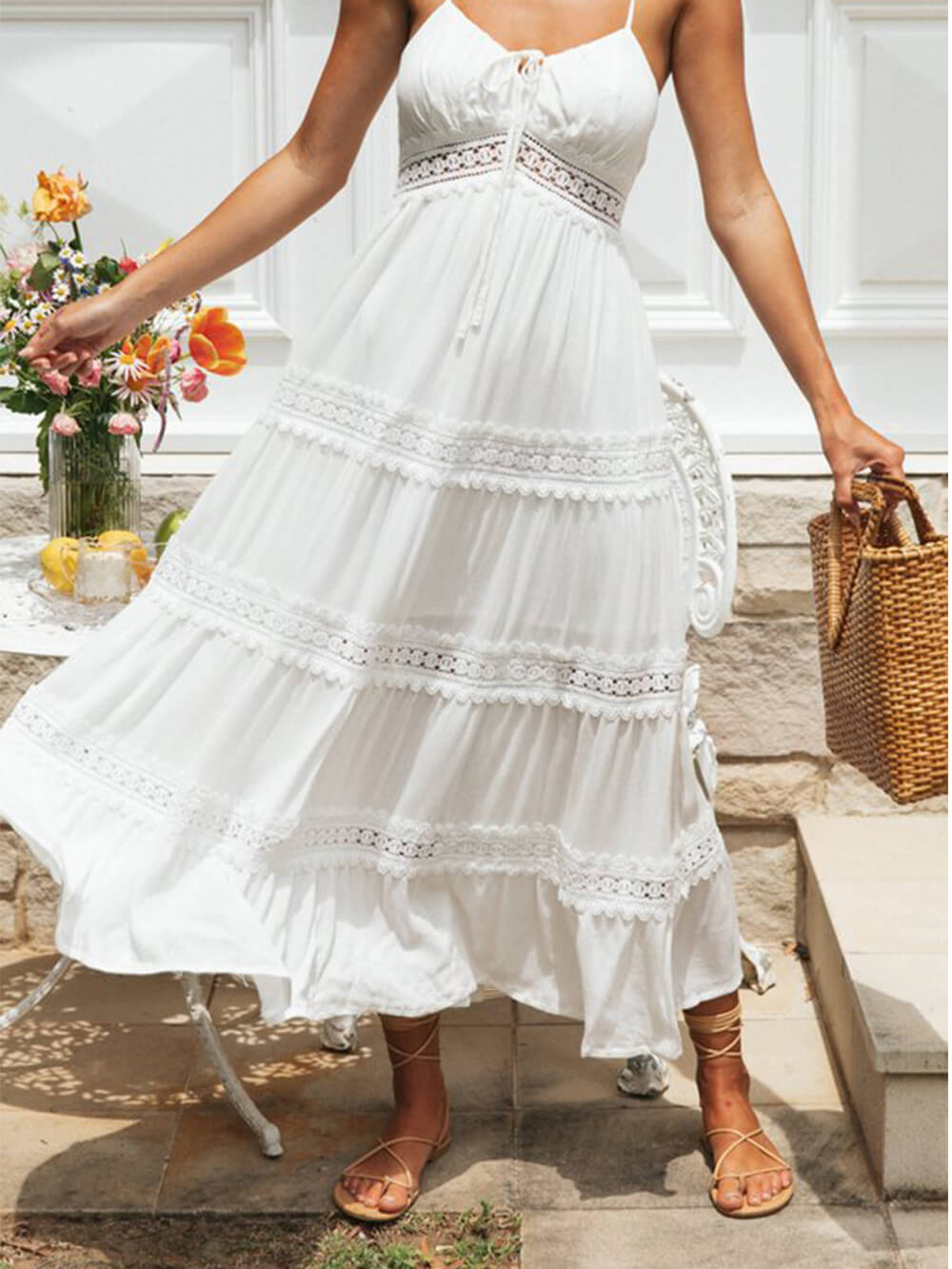 Weißes Spitzen-Träger Midikleid - Mia