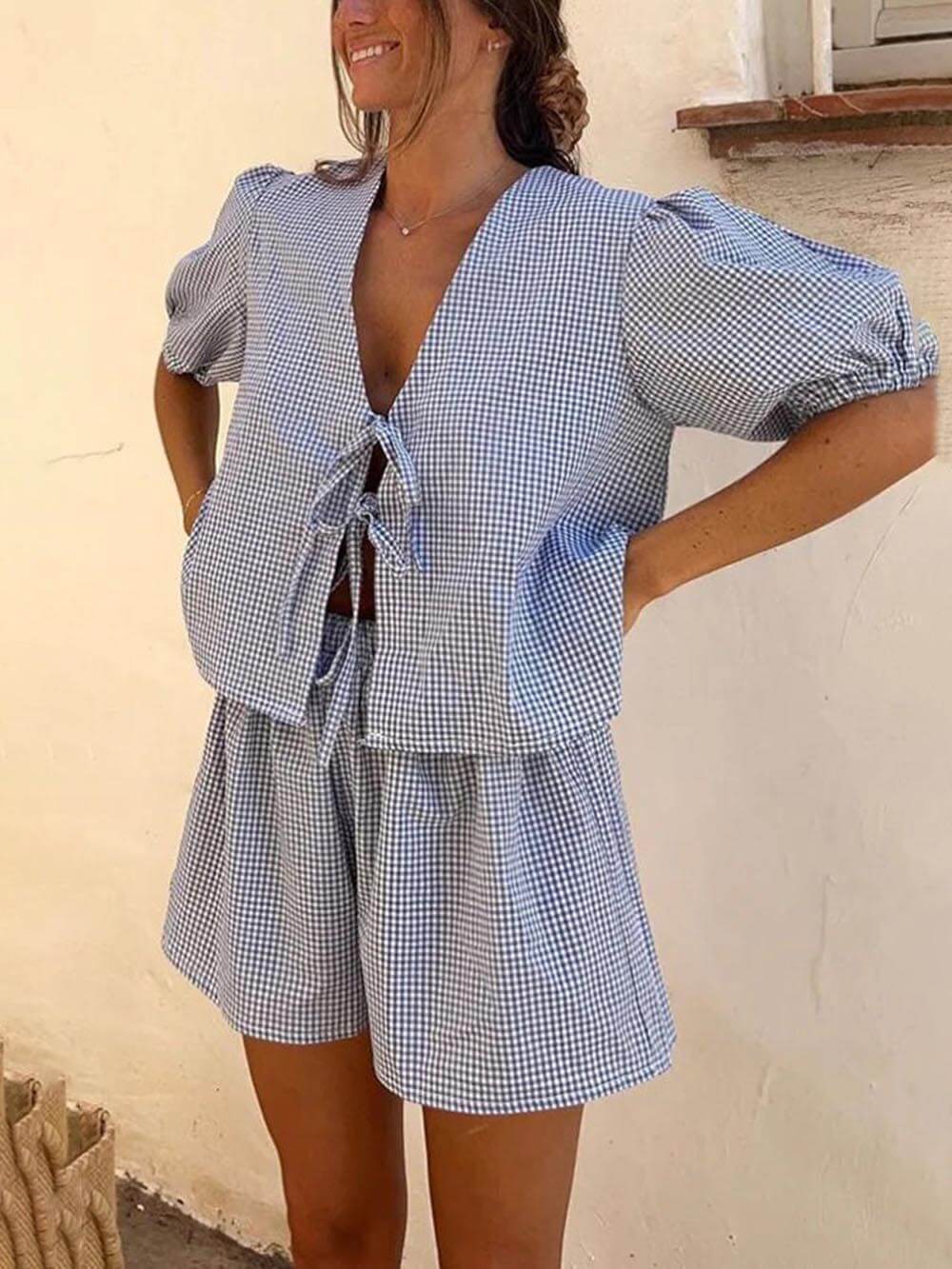 Blaues Kariertes Puffärmel-Top und Shorts Set - Mia