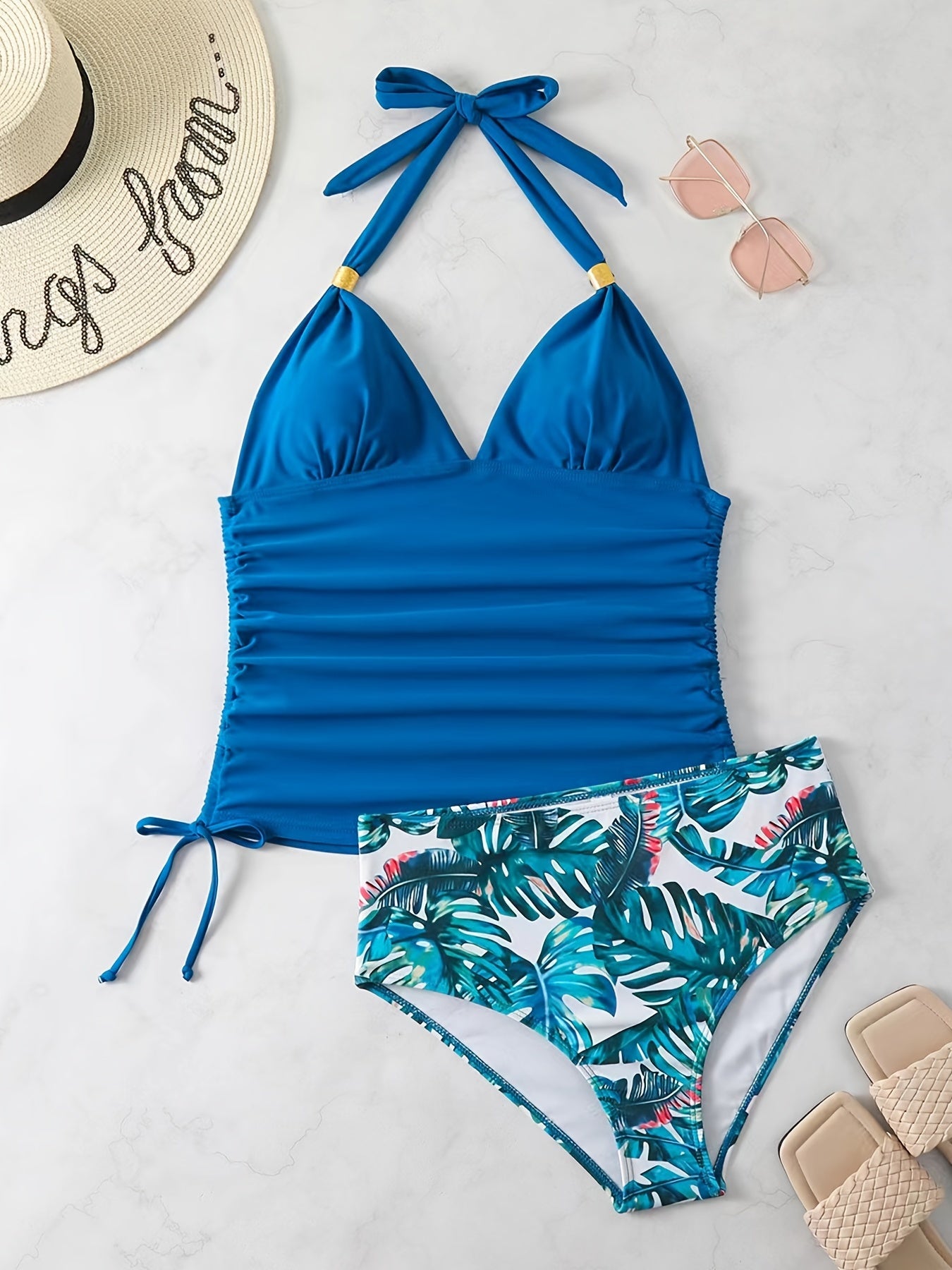 Blaues Tankini-Set mit Blätterdruck - Anna