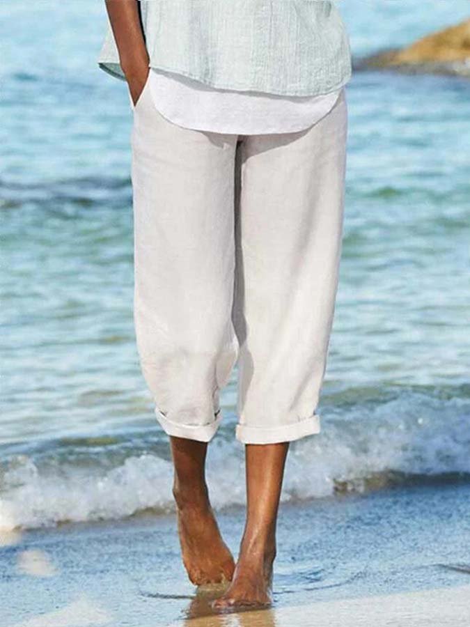 Sophie - Weiße Baumwoll-Leinen-Casual-Hose