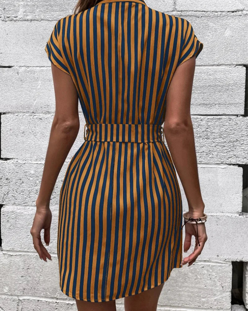Blaues Gestreiftes V-Ausschnitt-Kleid - Kailee