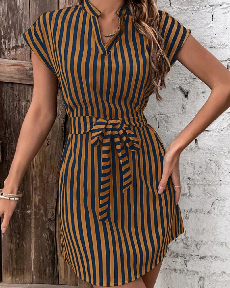 Blaues Gestreiftes V-Ausschnitt-Kleid - Kailee