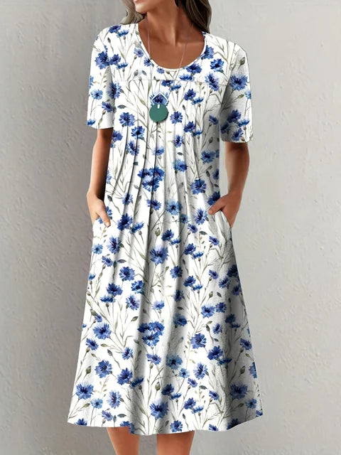 Blaues Elegantes Damenkleid mit Rundhalsausschnitt - Ann