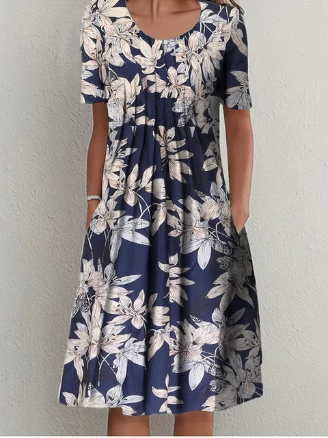 Blaues Elegantes Damenkleid mit Rundhalsausschnitt - Ann