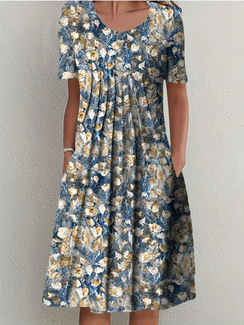 Blaues Elegantes Damenkleid mit Rundhalsausschnitt - Ann