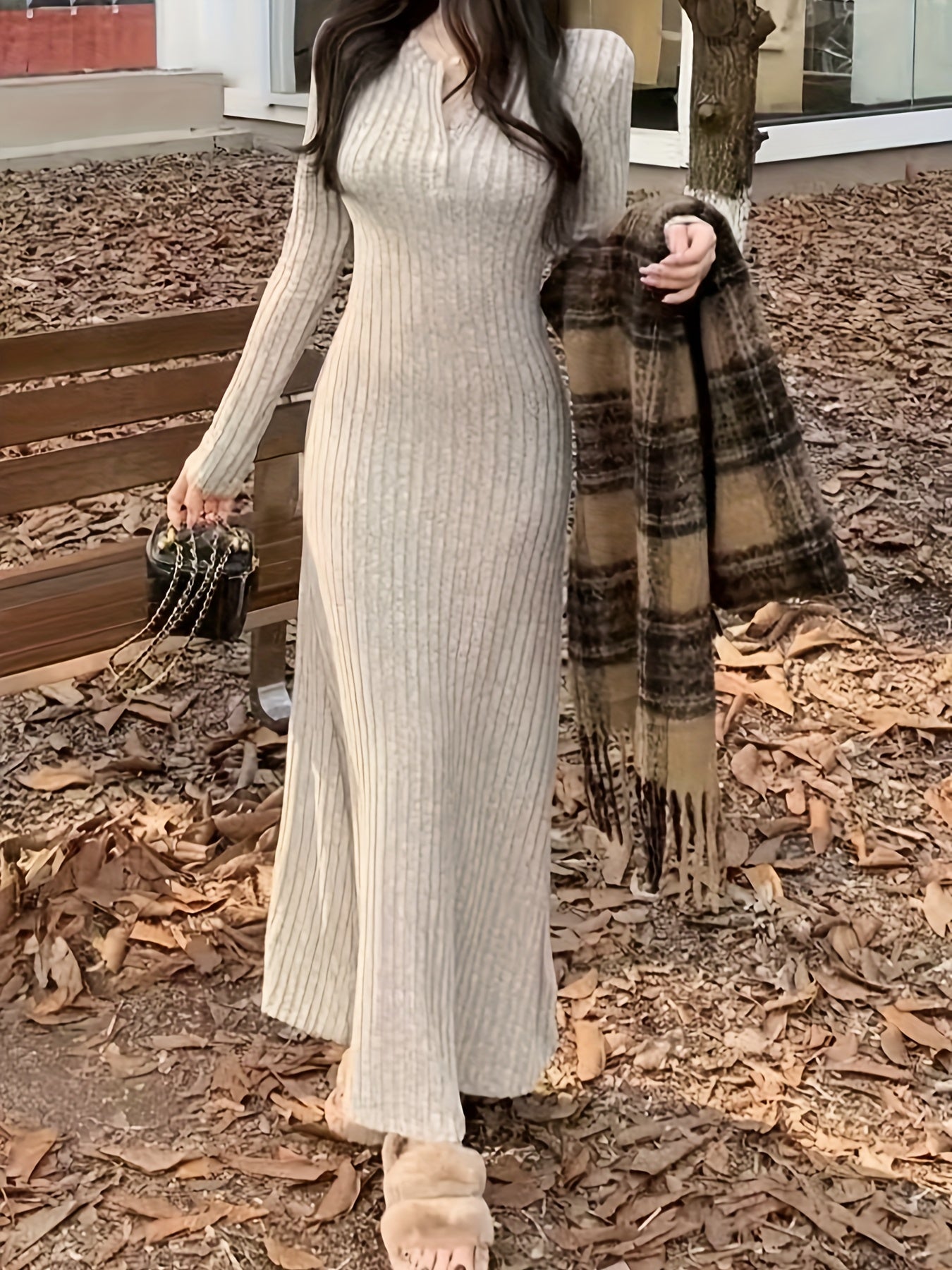 Aprikosen Ribstrick Fit & Flare Kleid - Emma
