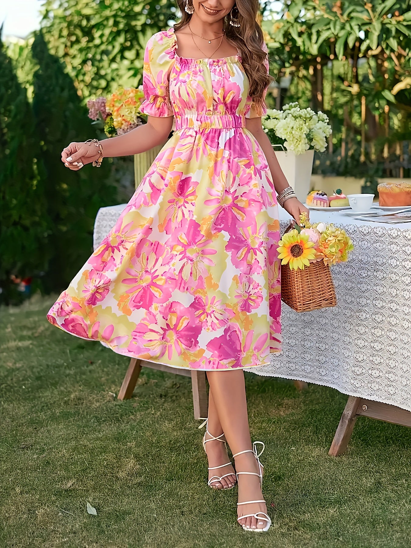 Rosa Blumenkleid mit quadratischem Ausschnitt - Clara