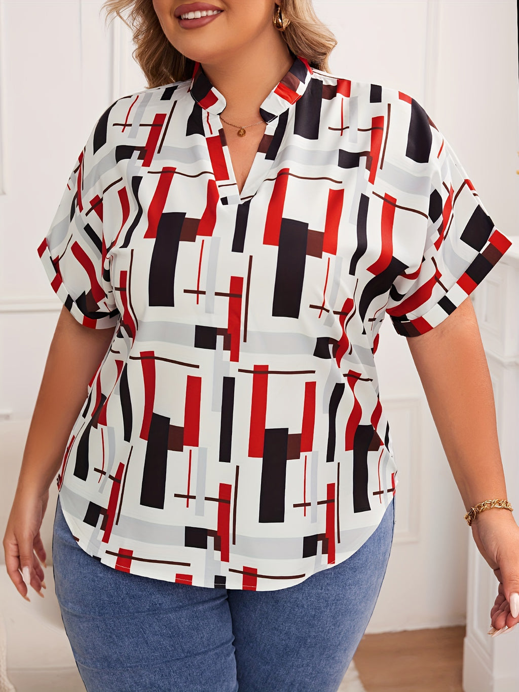 Rotes Shirt mit Geometrischem Muster - Anna
